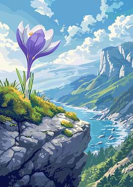 Crocus Flower Overlooking Mountain Landscape
