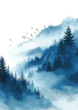 Blue Forest Landscape with Birds