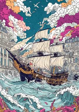 Ship sailing through city waters