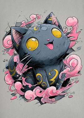 Stylized Cartoon Cat with Pink Clouds