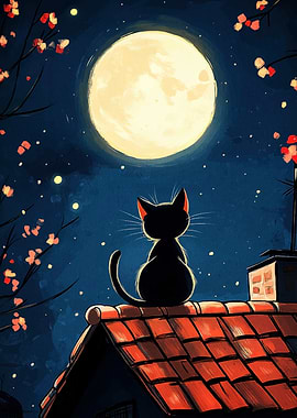 Black Cat on Roof Under Moonlight