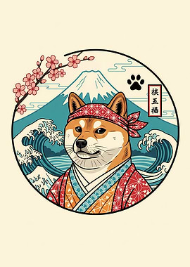 Shiba Inu Samurai with Mount Fuji