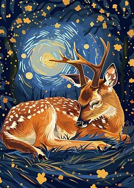 Resting Deer in Starry Night