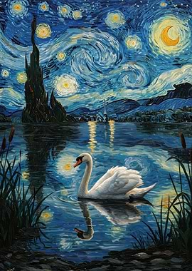 Swan in Starry Night Style Painting