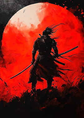 Samurai Warrior with Red Moon