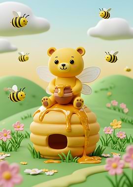 Cute Bear with Honey and Bees