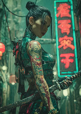 Cyberpunk Tattooed Woman with Katana in Rain