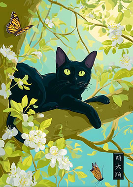 Black cat in a blossoming tree