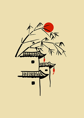 Japanese House with Bamboo and Sun