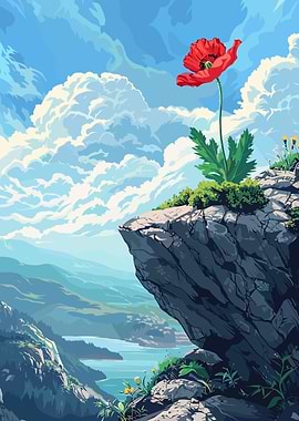 Red Poppy on Cliffside Landscape
