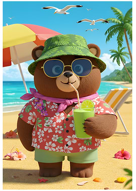 Bear on Beach with Drink