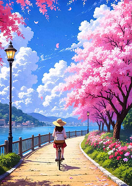 Girl cycling cherry blossom trees