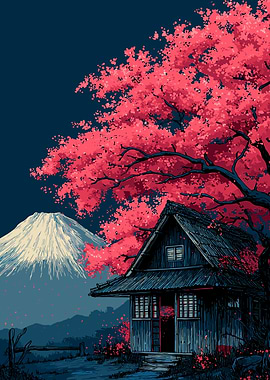Japanese House with Cherry Blossom Tree