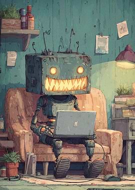 Robot Working on Laptop in Room