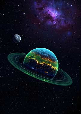 Ringed Planet with Nebula Background