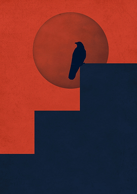 Raven on Steps with Red Moon