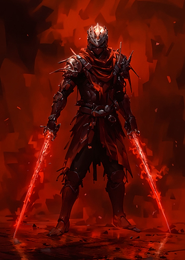 Red Armored Warrior with Glowing Swords