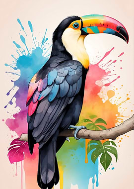Colorful Toucan on Branch with Watercolor Splatters