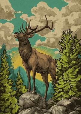Elk in Mountain Landscape Illustration