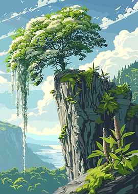 Cliffside Tree Landscape Digital Art