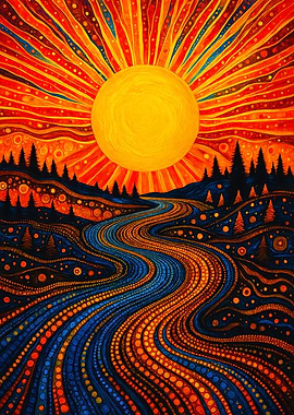 Psychedelic Sun River Landscape Art