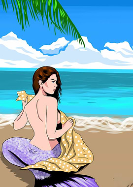 Mermaid on the beach with towel