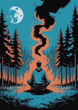 Meditating Man by Campfire Under Moon
