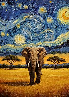 Elephant under Starry Night sky painting