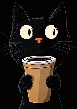 Cartoon Black Cat with Coffee Cup