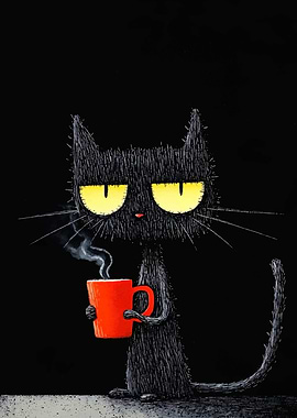 Black Cat with Coffee Mug