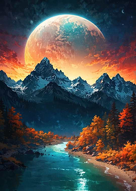 Mountain landscape moon
