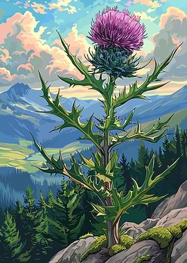 Thistle Flower in Mountain Landscape