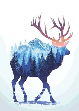 Deer Silhouette with Mountain Landscape