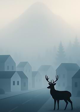 Deer in Foggy Town Landscape