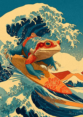 Surfing Frog Ukiyo-e Style