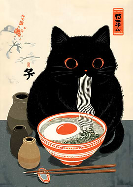 Black Cat Eating Ramen