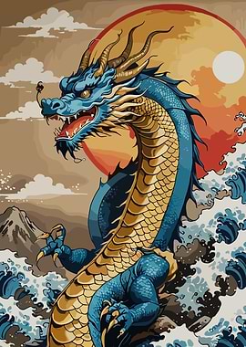 Blue and Gold Dragon with Waves
