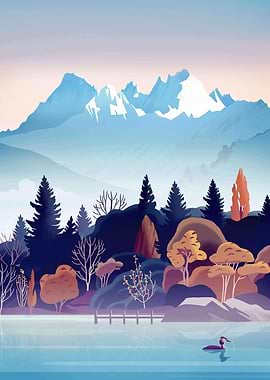 Mountain Lake Landscape Illustration