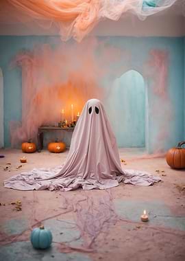 Halloween Ghost with Pumpkins and Candles