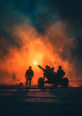 Military artillery at sunset