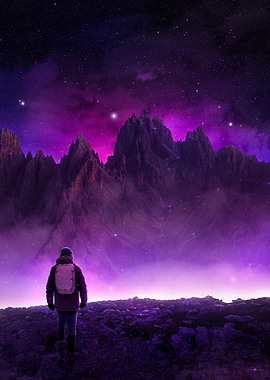 Hiker in a purple mountain landscape