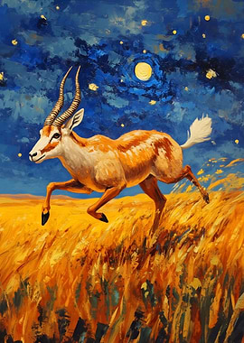 Antelope Running Under Starry Night Painting
