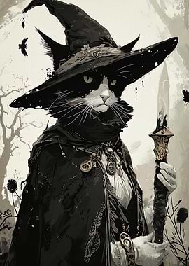 Cat Witch with Staff in Forest