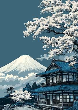Mount Fuji and Traditional Japanese House