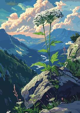 Mountain Landscape with White Flower