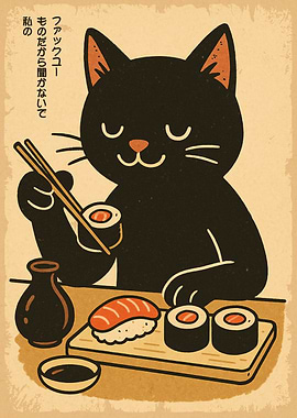 Black Cat Eating Sushi Illustration