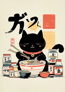 Black Cat Eating Ramen Illustration