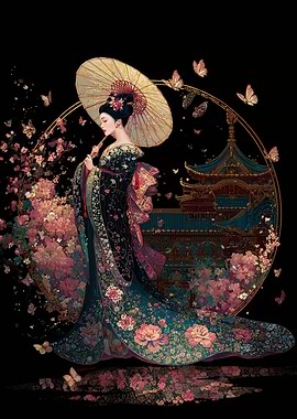 Elegant Geisha with Parasol and Butterflies
