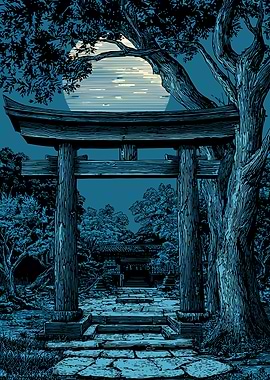 Japanese Torii Gate Under Moonlight
