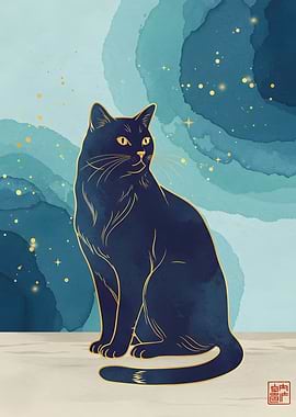 Elegant Black Cat Illustration with Gold Accents